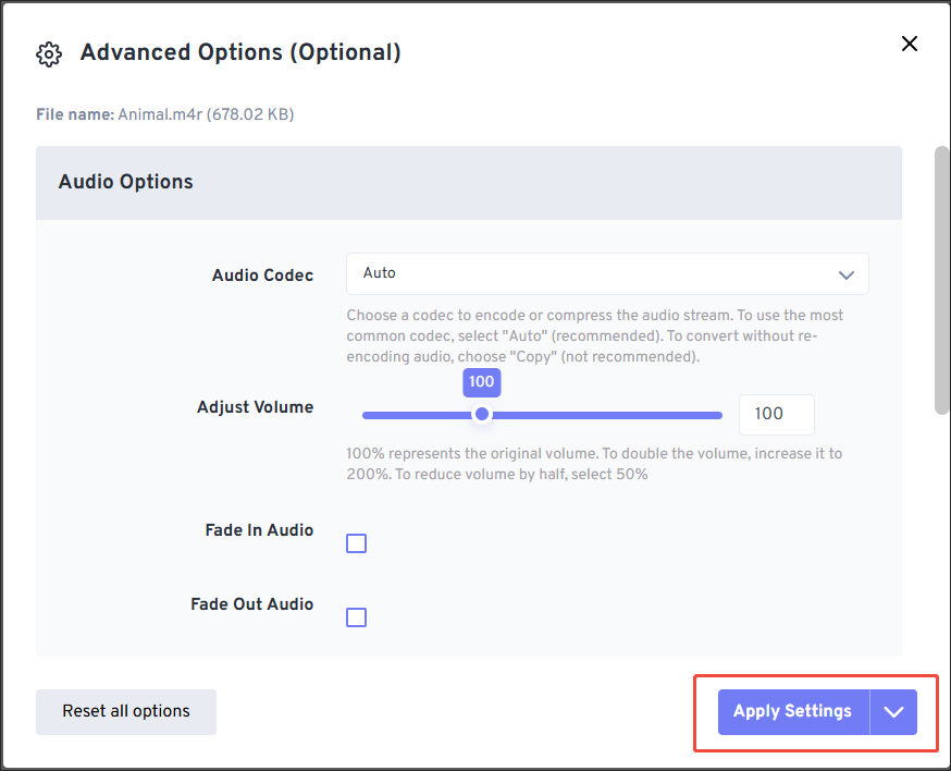 The Advanced Options window of FreeConvert