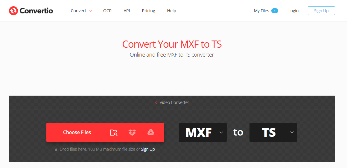 The Convertio’s homepage for converting MXF to TS