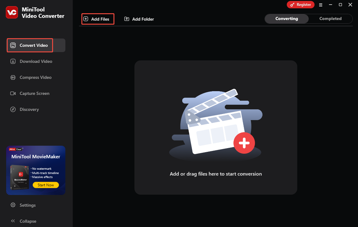 In MiniTool Video Converter’s Convert Video tab, click the Add Files option to import the MXF file