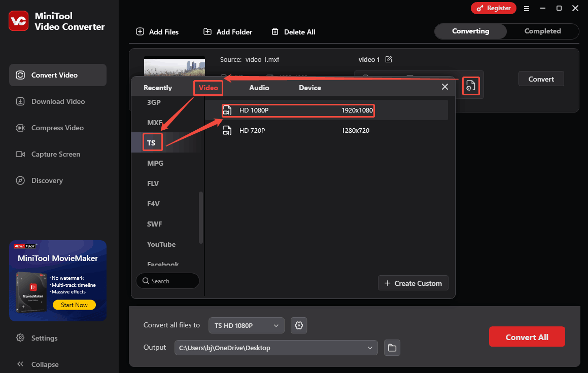 In MiniTool Video Converter’s format settings window, choose the TS format and a resolution in the Video tab