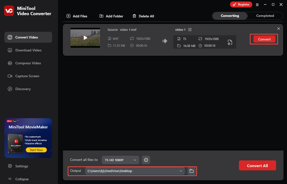 In MiniTool Video Converter, click the Output option to select a save location and click the Convert button to begin the conversion