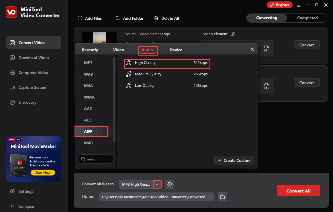 Expand the Convert all files to option in MiniTool Video Converter and choose AIFF High Quality as the output format