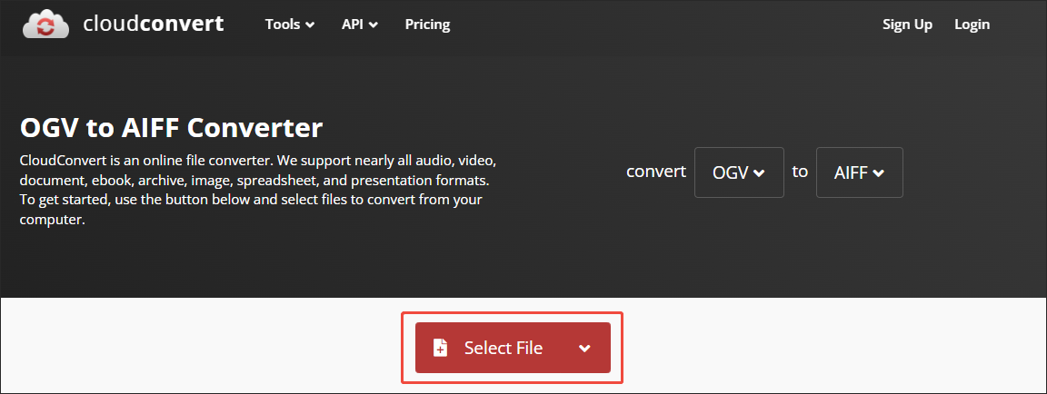 Click on Select File in CloudConvert to import the OGV files