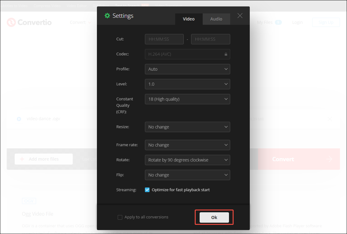 Click on the Gear icon to customize the parameters of the converted file and click the OK button in Convertio to apply the conversion settings