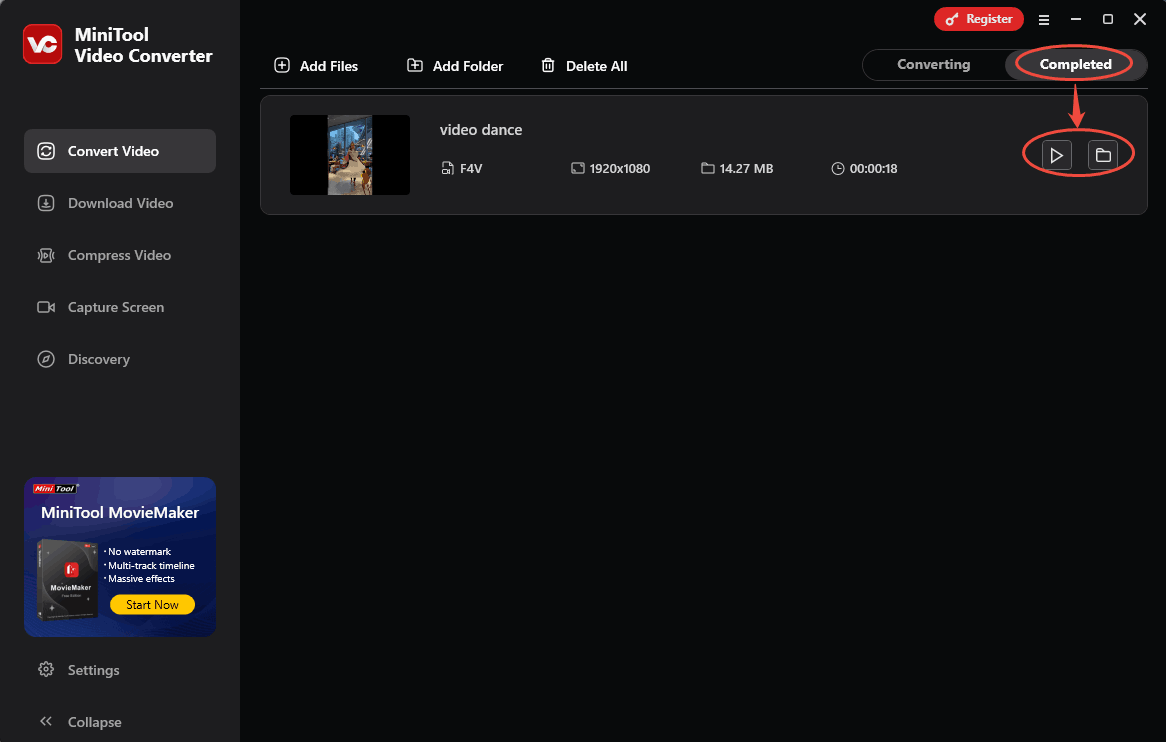 Click on the Play icon or Folder icon under the Completed tab of MiniTool Video Converter to check or locate the converted file on your PC