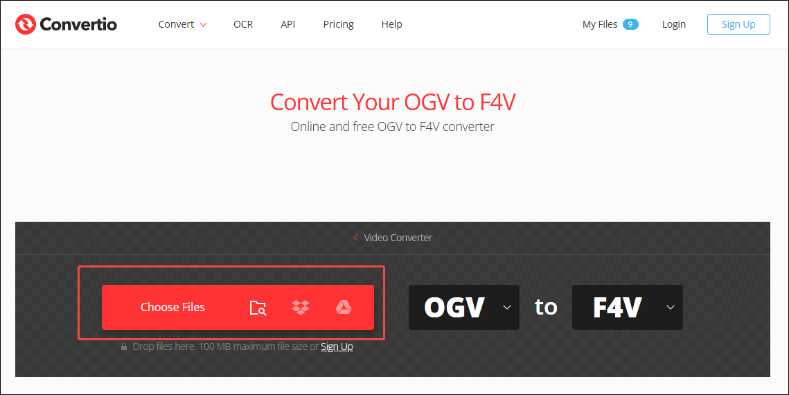 Click the Choose Files option in Convertio to import your OGV file