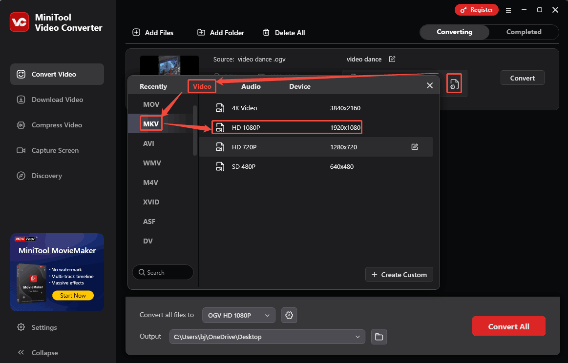 Choose MKV in the output format window of MiniTool Video Converter as the output format
