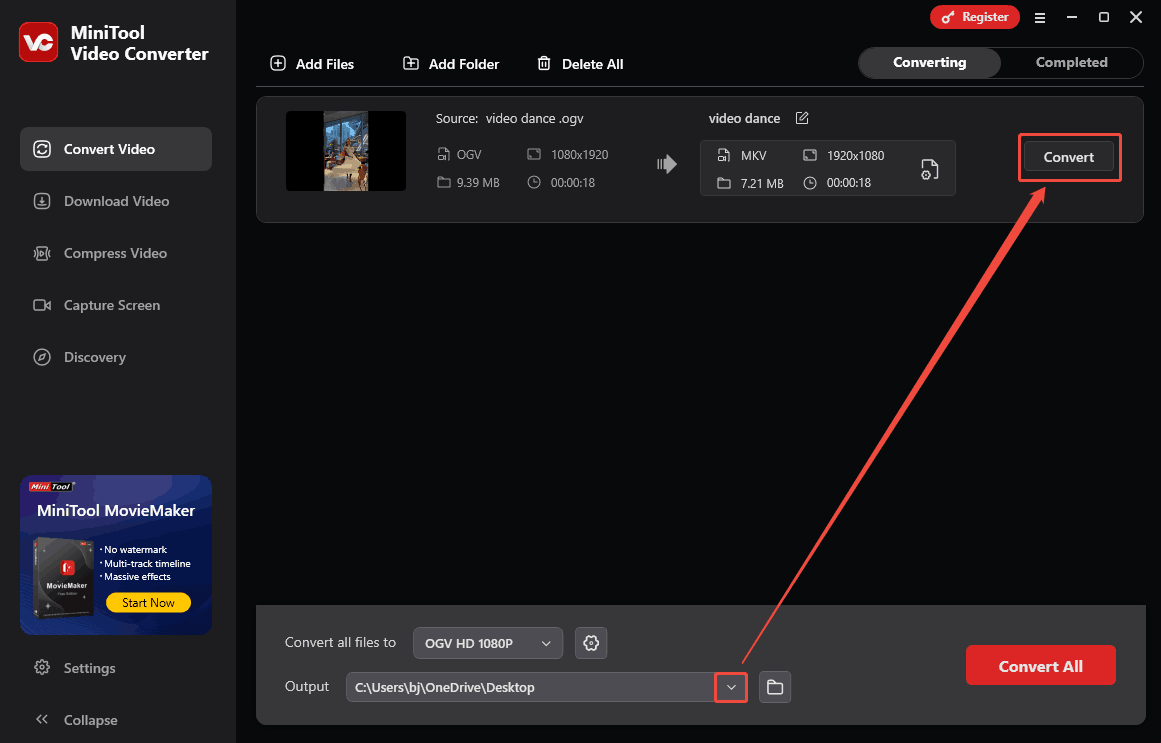 Expand the Output option and click the Convert button in MiniTool Video Converter to start the conversion