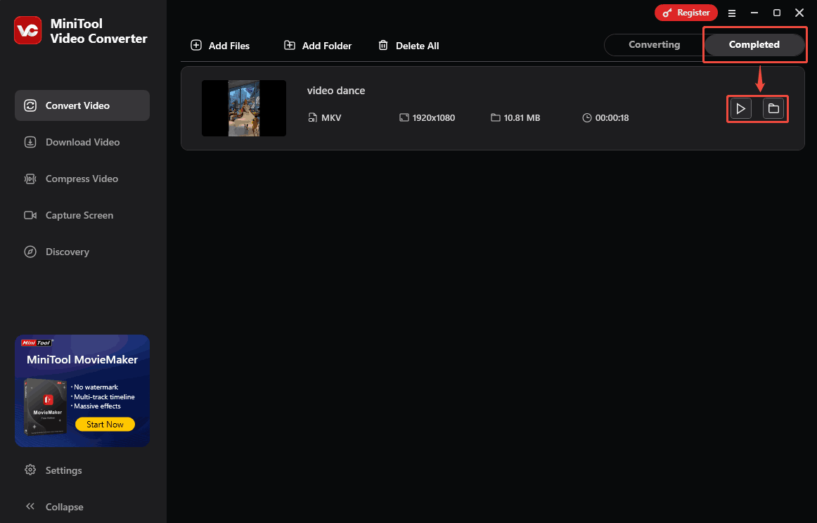 Click the Play icon or Folder icon in MiniTool Video Converter to view or locate the converted file