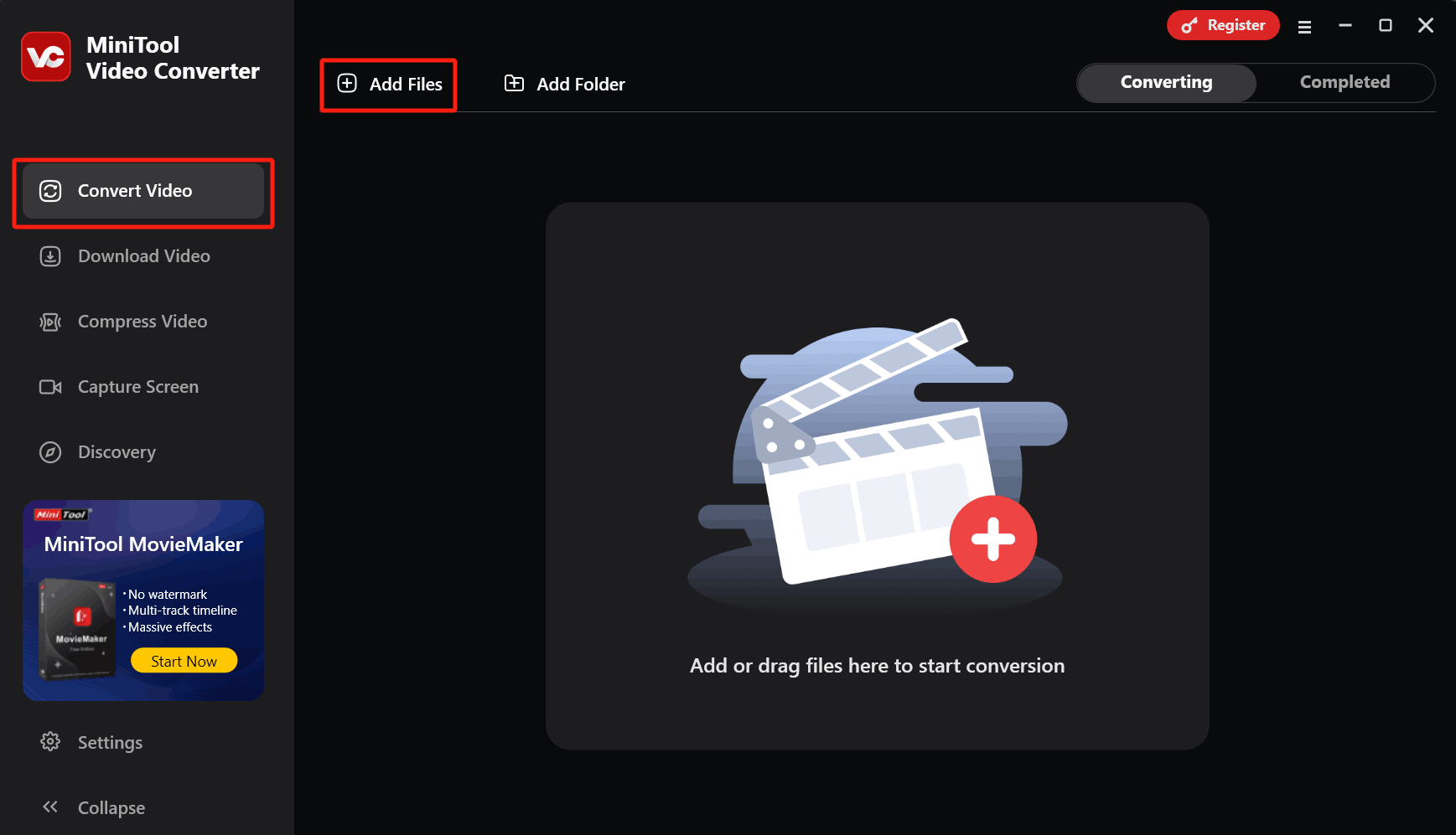 In MiniTool Video Converter’s Convert Video tab, click the Add Files option to upload the OGV file