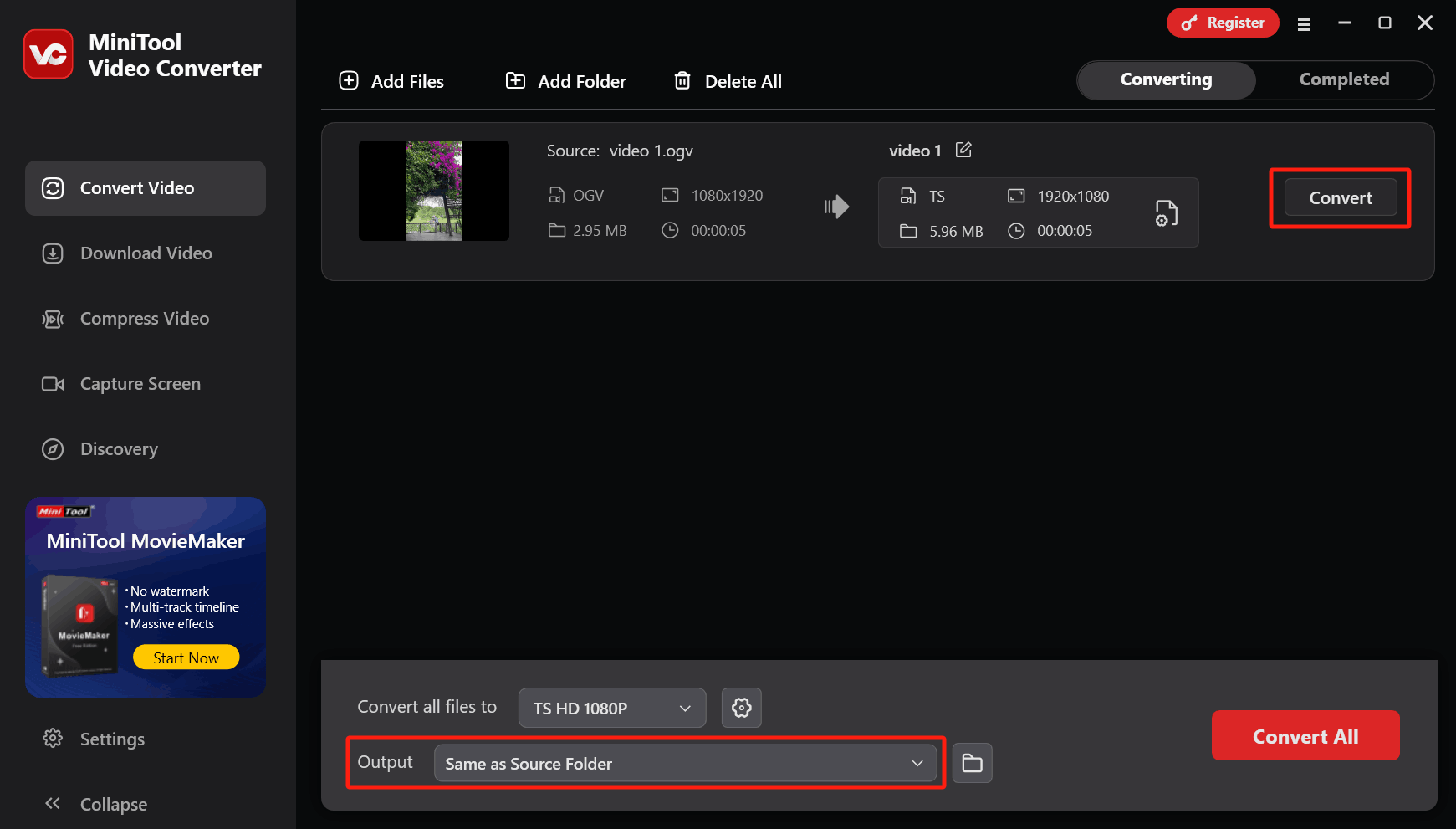 In MiniTool Video Converter, click the Output option to set the storage location for the converted file and click the Convert button to start the conversion
