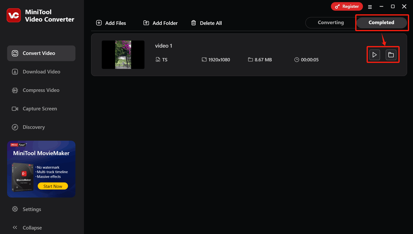 In MiniTool Video Converter’s Complete tab, click the play icon to view the converted file or click the folder icon to view the storage location