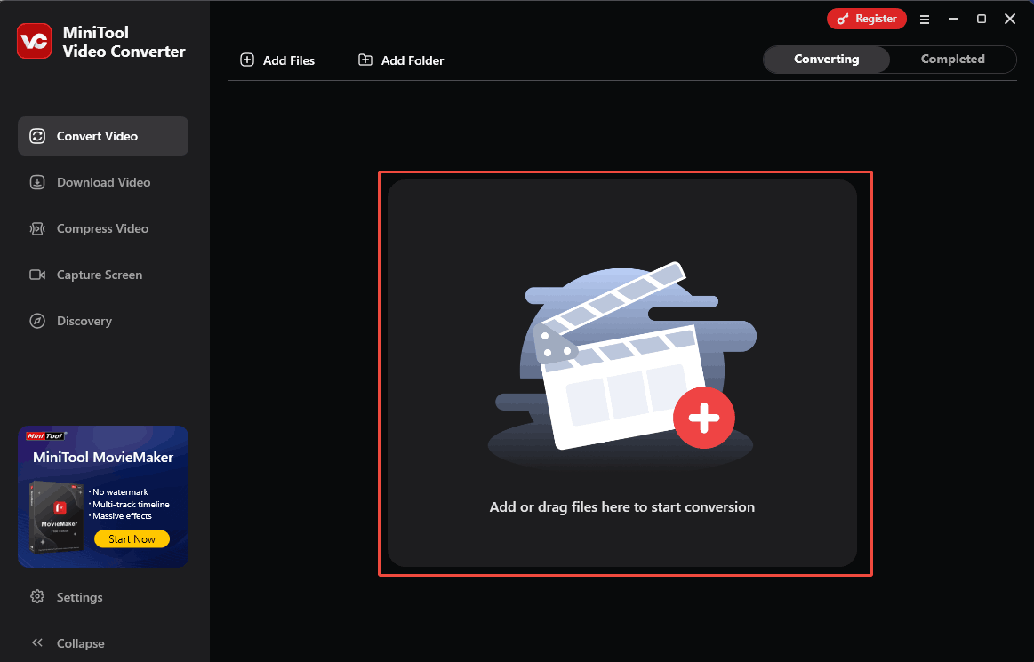 Drag the OGV files into the Add or drag files here to start conversion region in MiniTool Video Converter to upload them