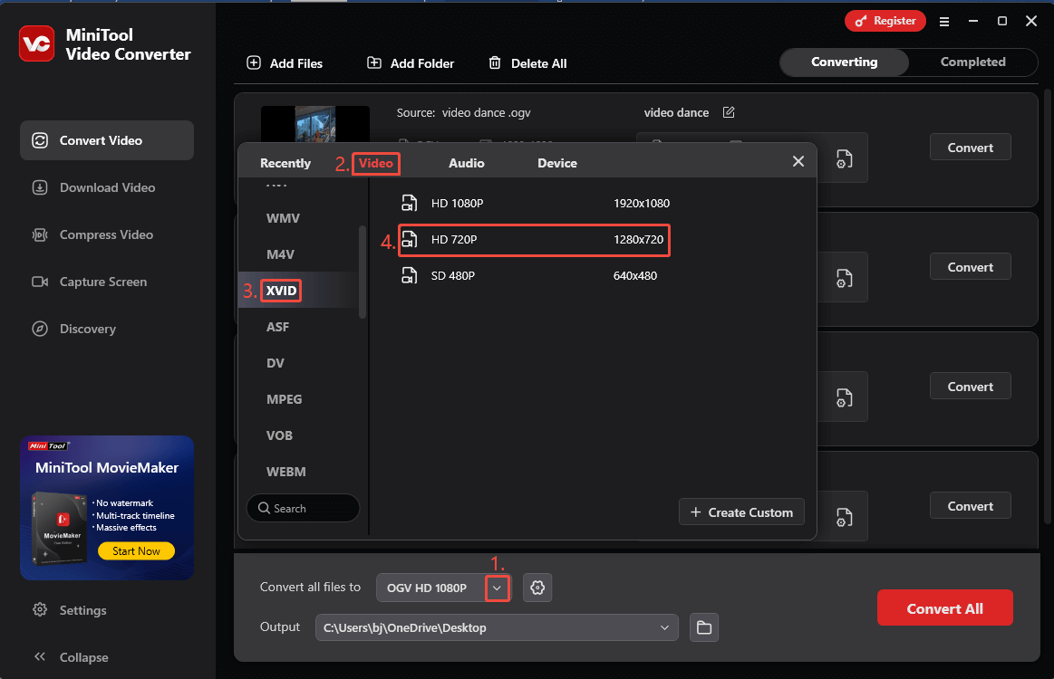 Select XVID in the output format window of MiniTool Video Converter as the output format