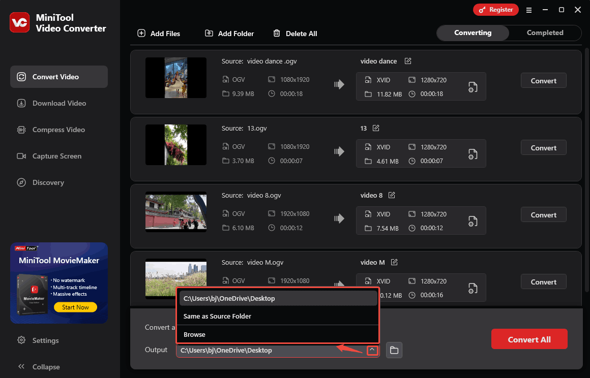 Expand the Output option in MiniTool Video Converter to select a storage location