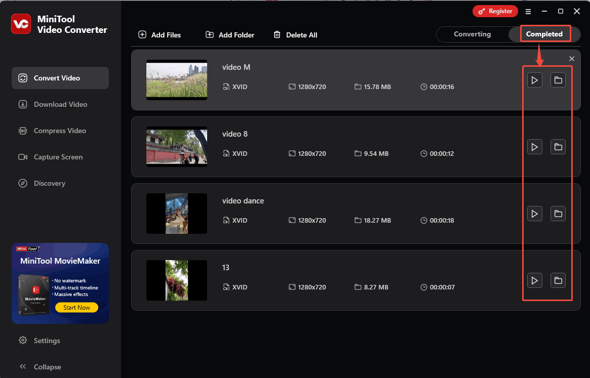 Click on the Play icon or Folder icon under the Completed tab of MiniTool Video Converter to check or locate the output files