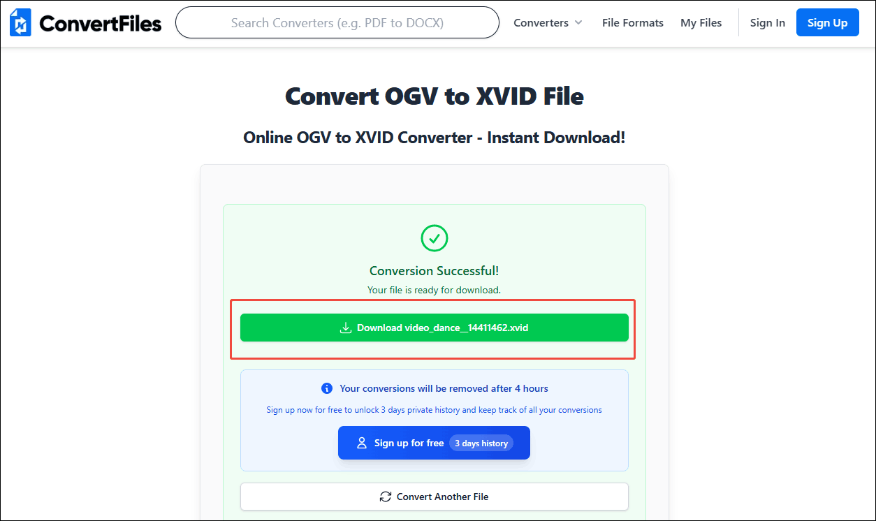 Click the Download option in ConvertFiles to save the converted file