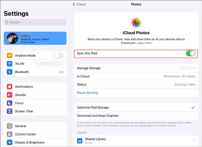 iCloudで「このiPadを同期」オプションをオンにする