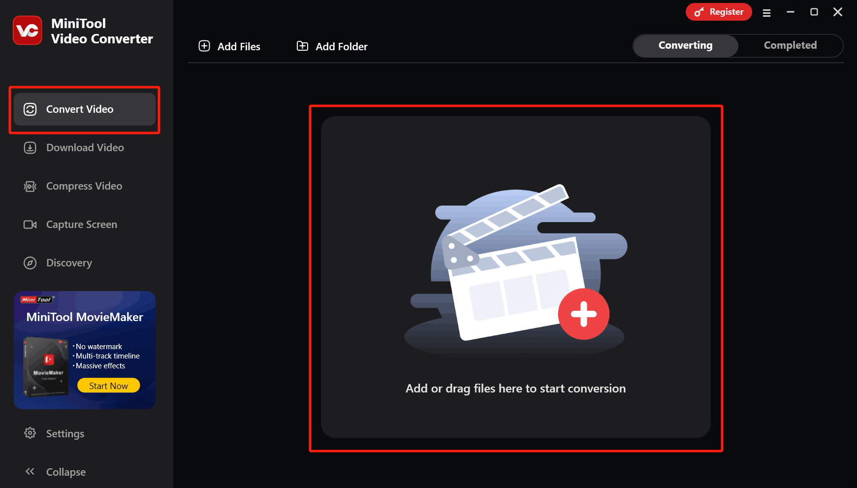 In MiniTool Video Converter’s Convert Video tab, drag the VOB file into the Add or drag files here to start conversion region