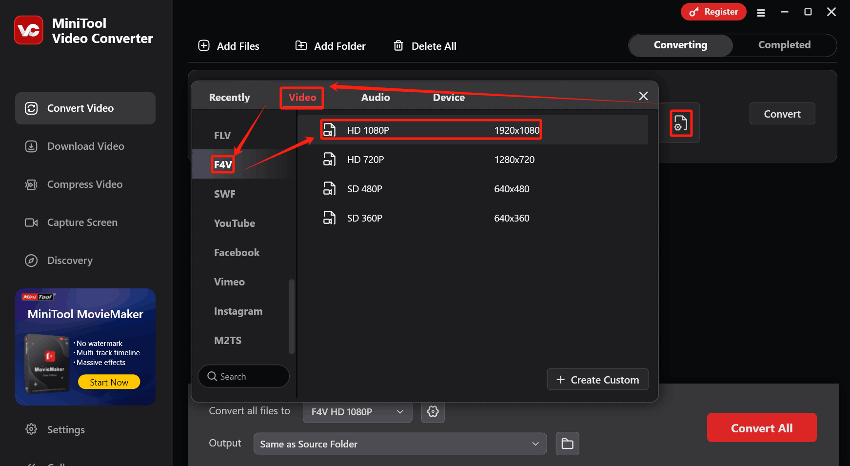In MiniTool Video Converter, click the gear icon to start the output format settings window, click on the Video tab, choose the F4V format, and select a resolution
