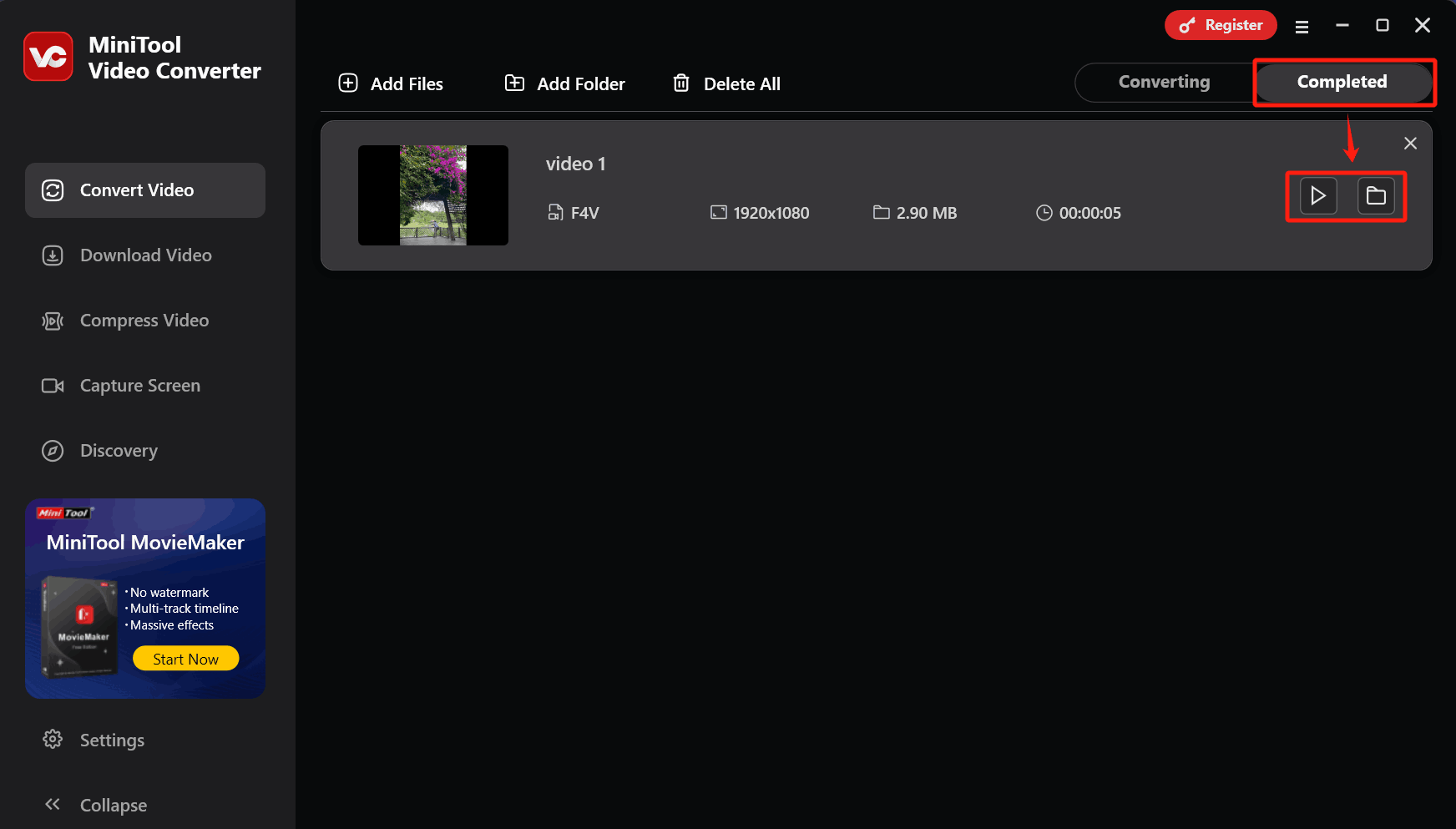 Under MiniTool Video Converter’s Complete tab, click the play icon to check the converted file or hit the folder icon to find the converted file on your PC