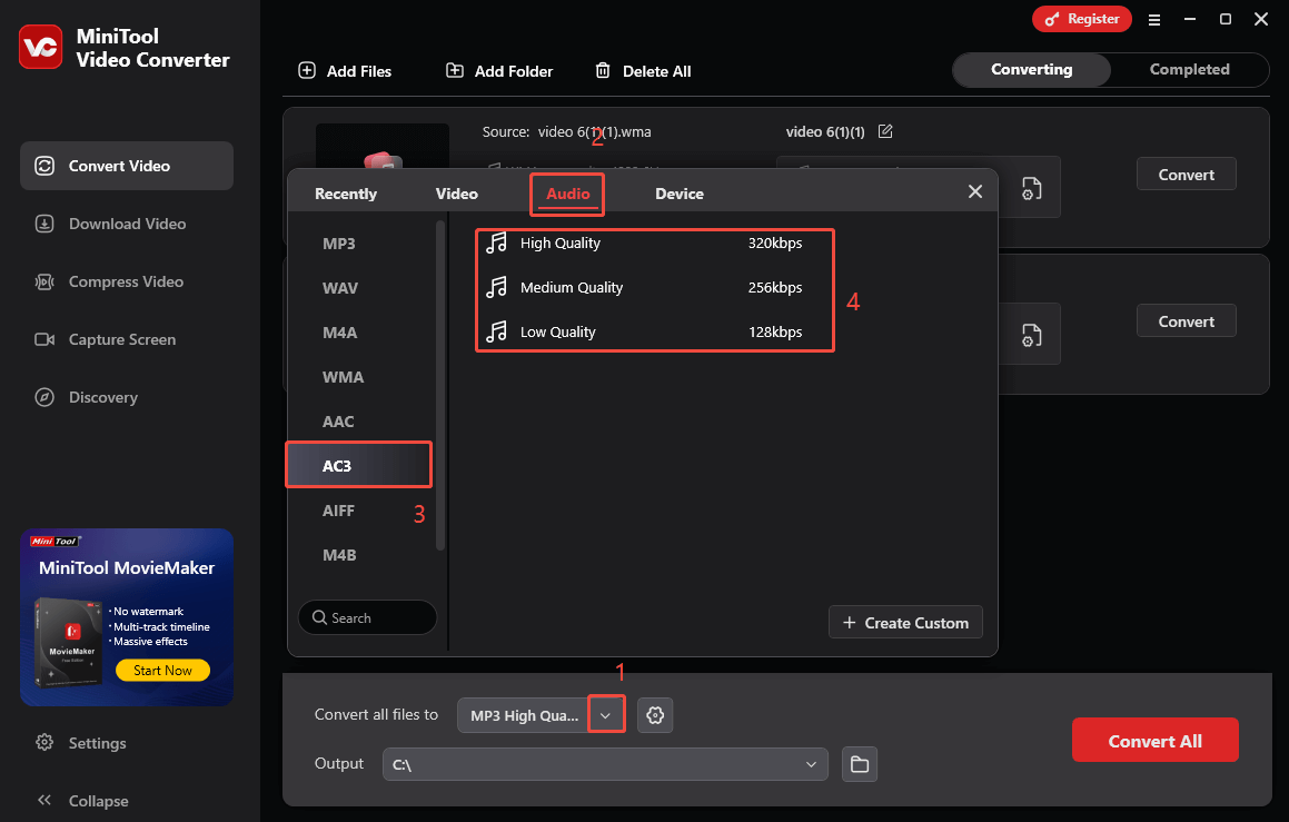 Expand the Convert all files to option in MiniTool Video Converter and choose AC3 as the output format