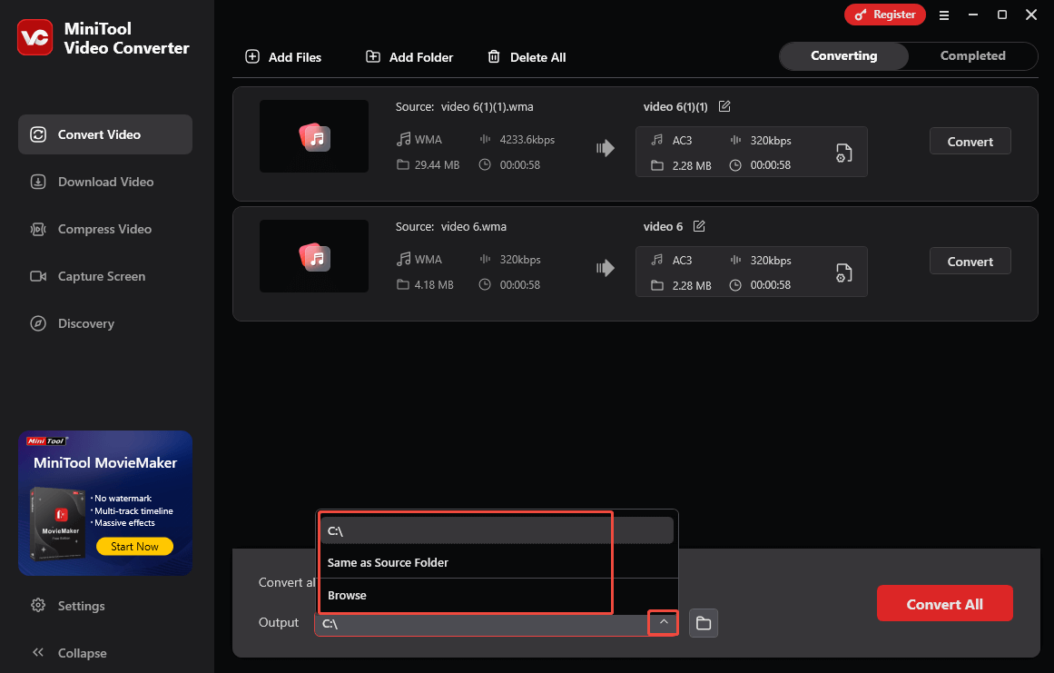 Expand the bottom Output option to set an output folder for the converted files