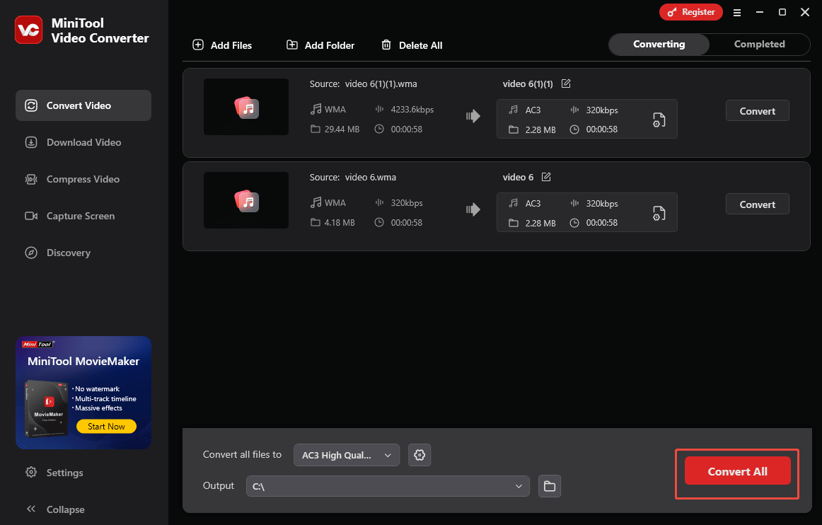 Click on Convert All in MiniTool Video Converter to begin the conversion process