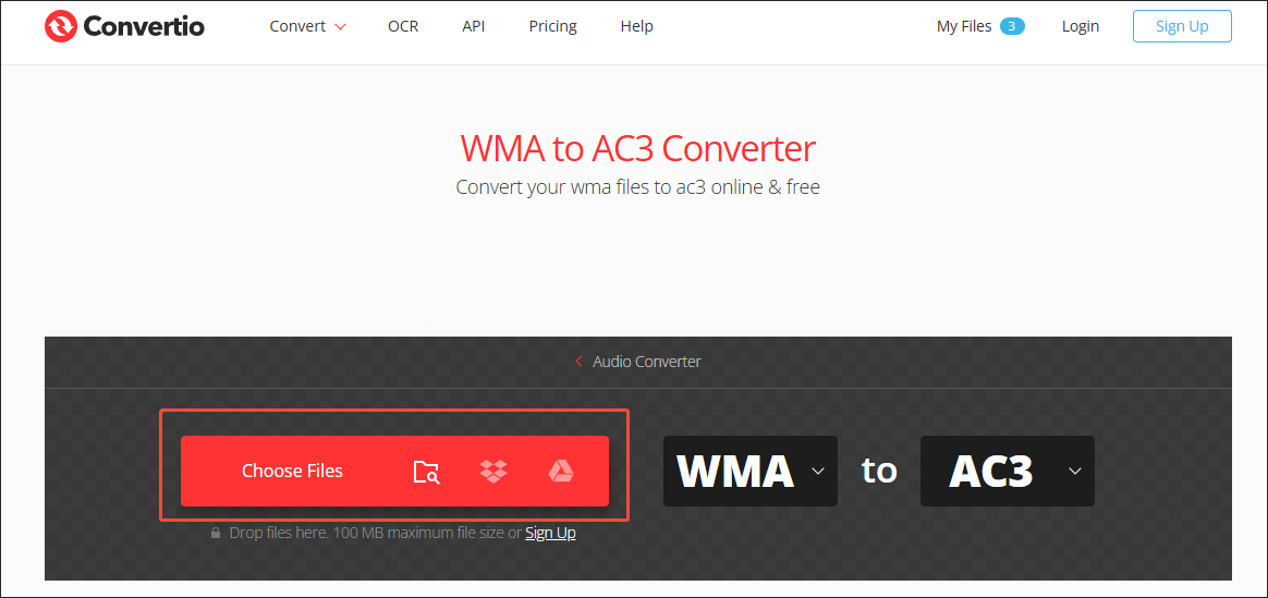 Click on Choose Files in Convertio to import your WMA files