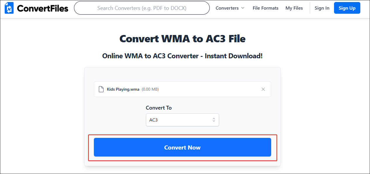 Click on Convert Now in Convert Files to begin the conversion process