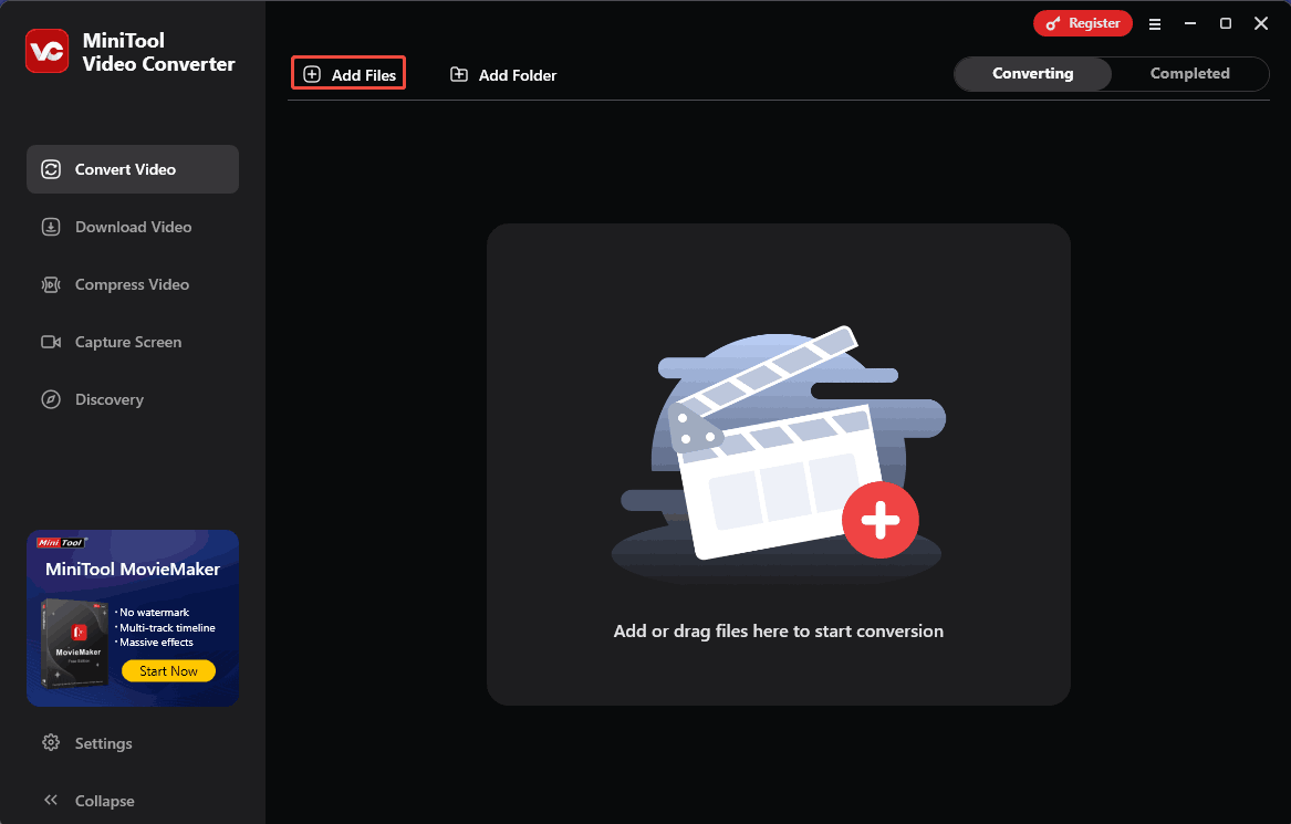 Click on the Add Files option in MiniTool Video Converter to import the Xvid files