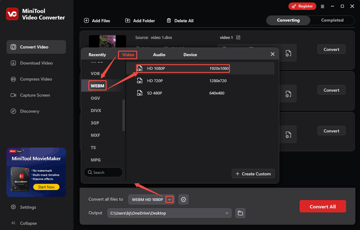 Select WEBM in the output format window of MiniTool Video Converter as the output format