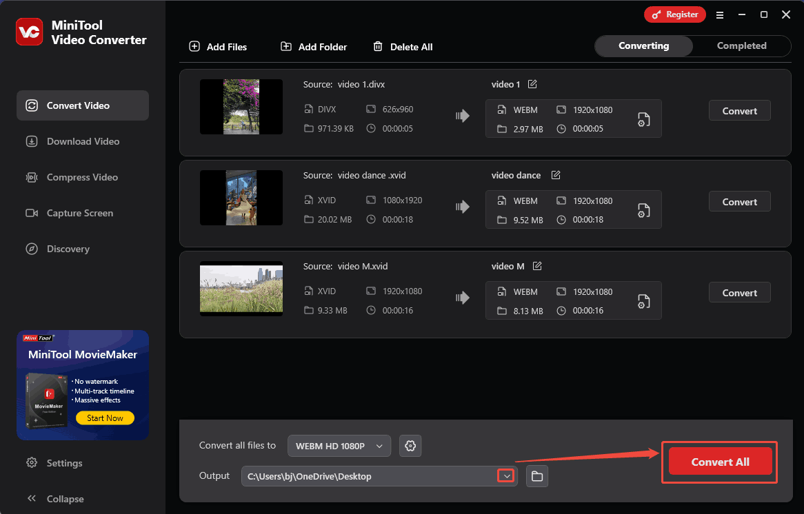 Expand the bottom Output option and click the Convert All button in MiniTool Video Converter to start the conversion process