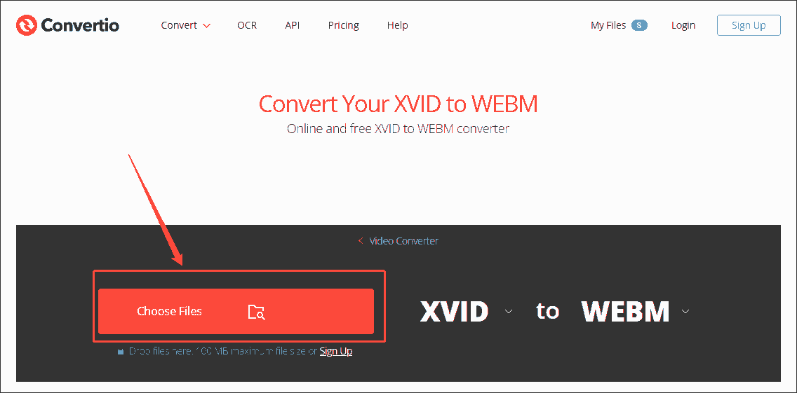 Click the Choose Files option in Convertio to upload the Xvid file