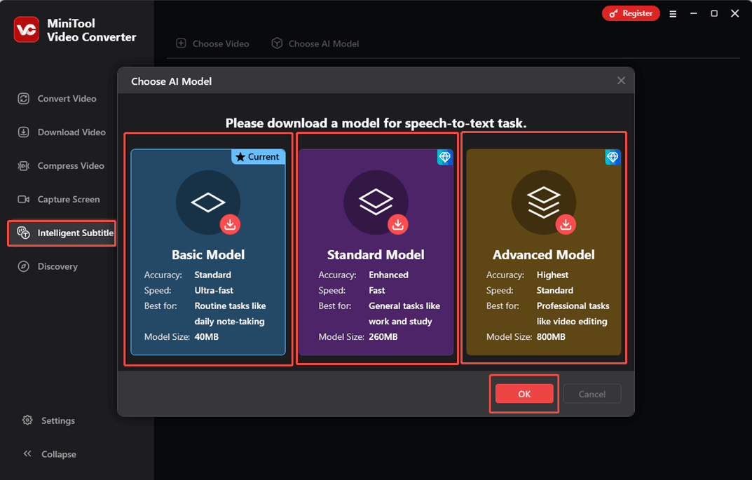 Choose the AI model you want and click on OK in MiniTool Video Converter to download it