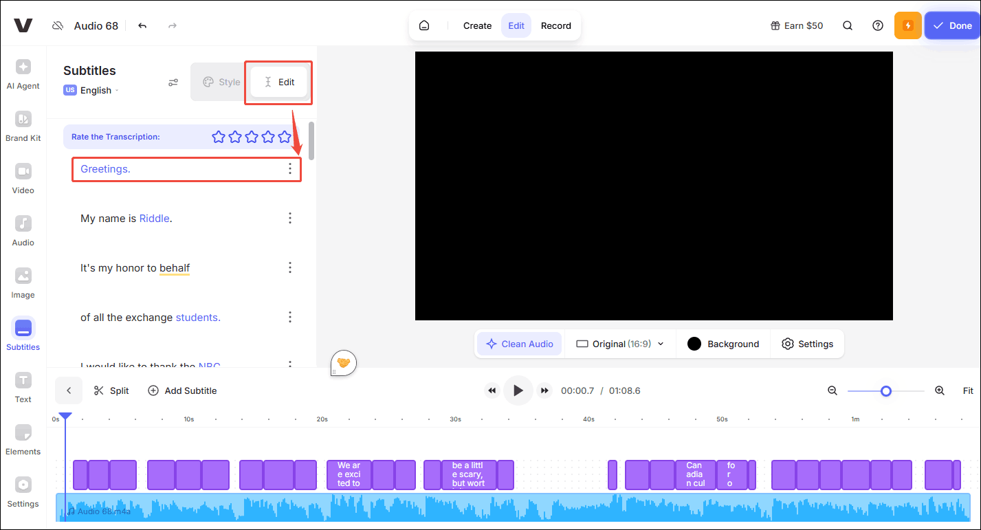 Click the subtitle task to edit it in VEED.IO