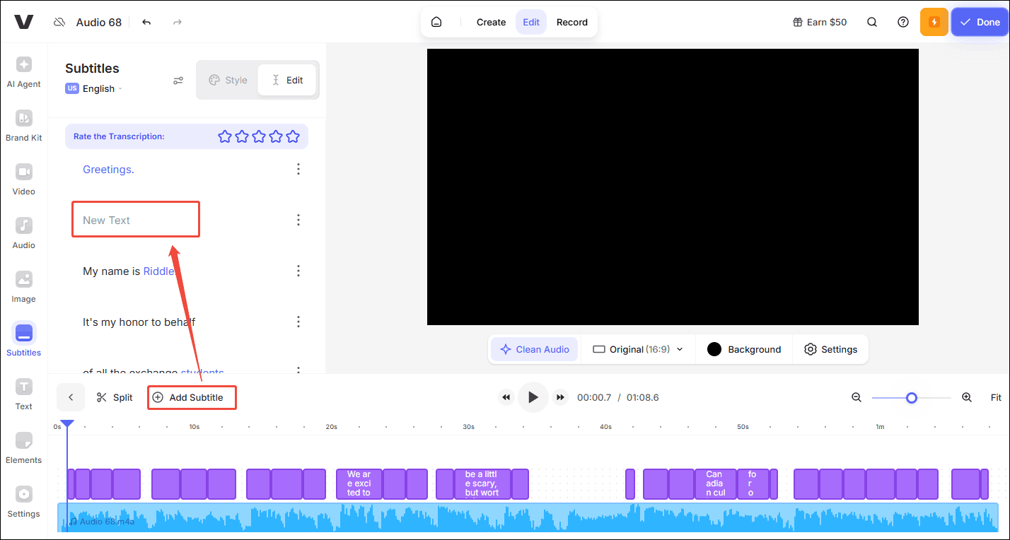Click the Add Subtitle to create a new text on the editing task list in VEED.IO