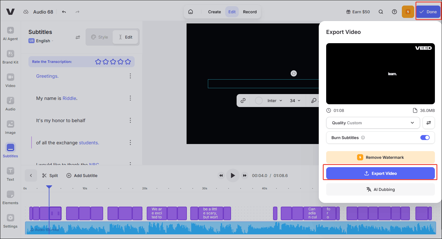 Click the Done option to open the Expert Video window and click the Expert Video Option in VEED.IO to export the file
