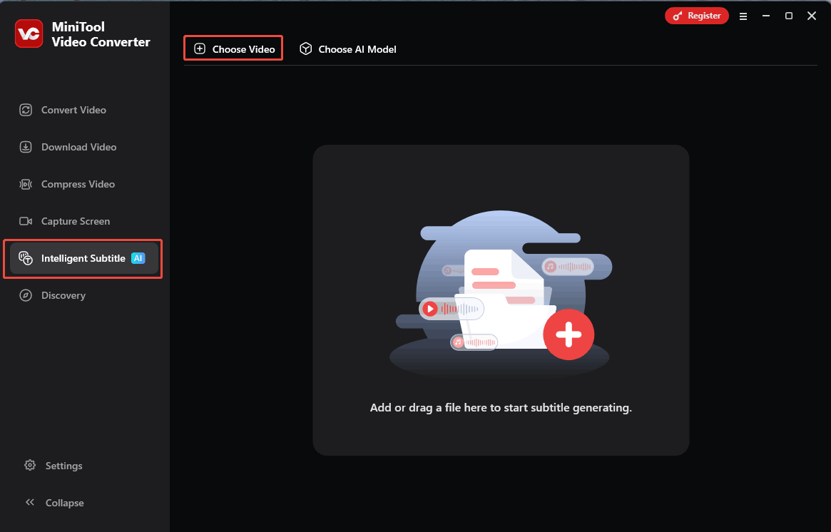 Click the Choose Video option in MiniTool Video Converter to import the video that you want to generate subtitles for