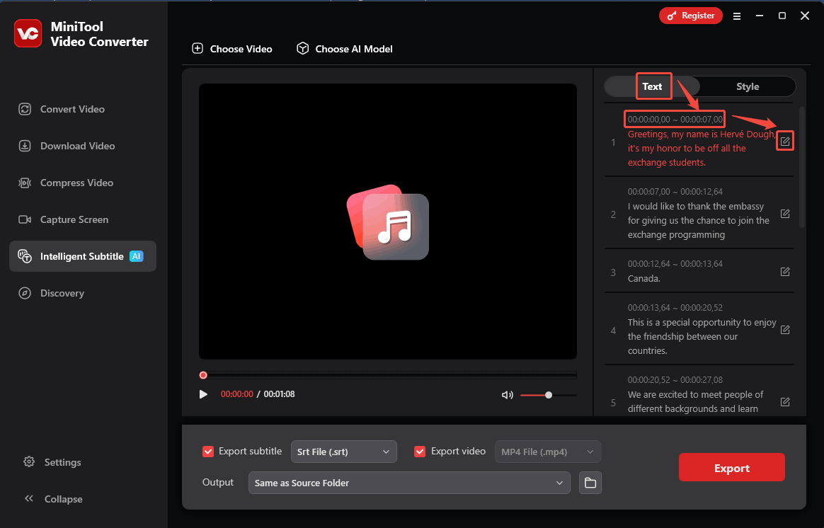 Click on the Edit icon to correct or add subtitles under the Text tab of MiniTool Video Converter