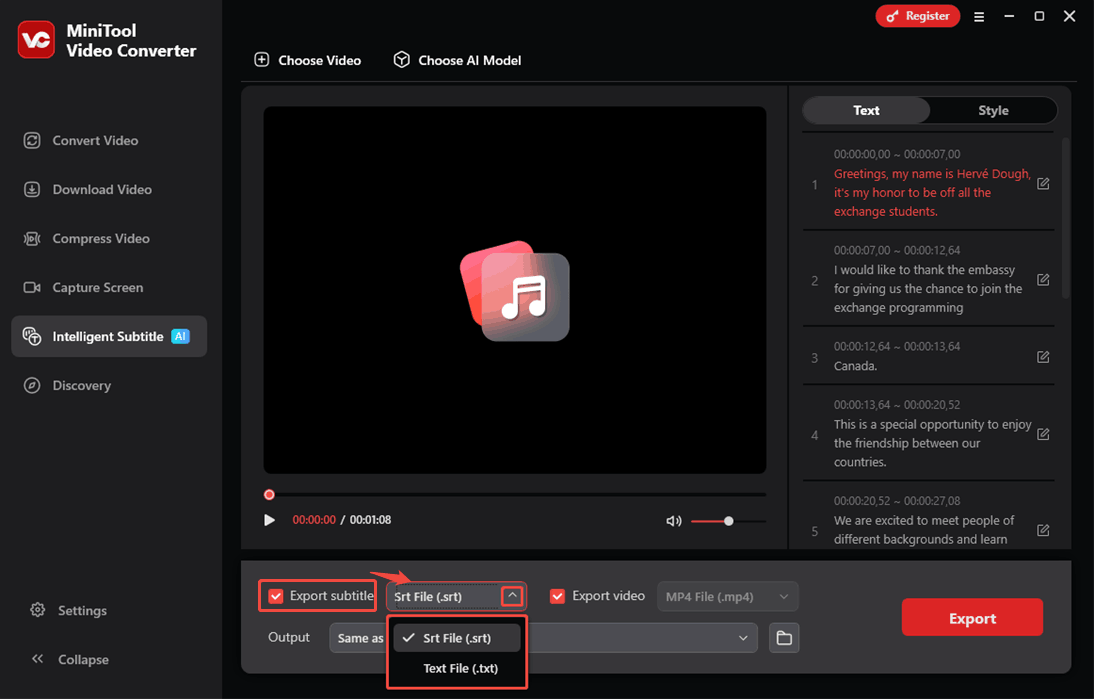 Check whether you want to export the subtitles and expand the Export Subtitle option to choose a file format in MiniTool Video Converter