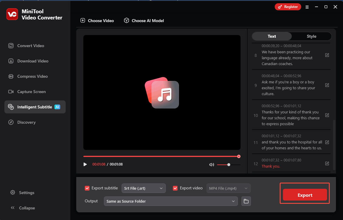 Click the Export button to start the export process in MiniTool Video Converter