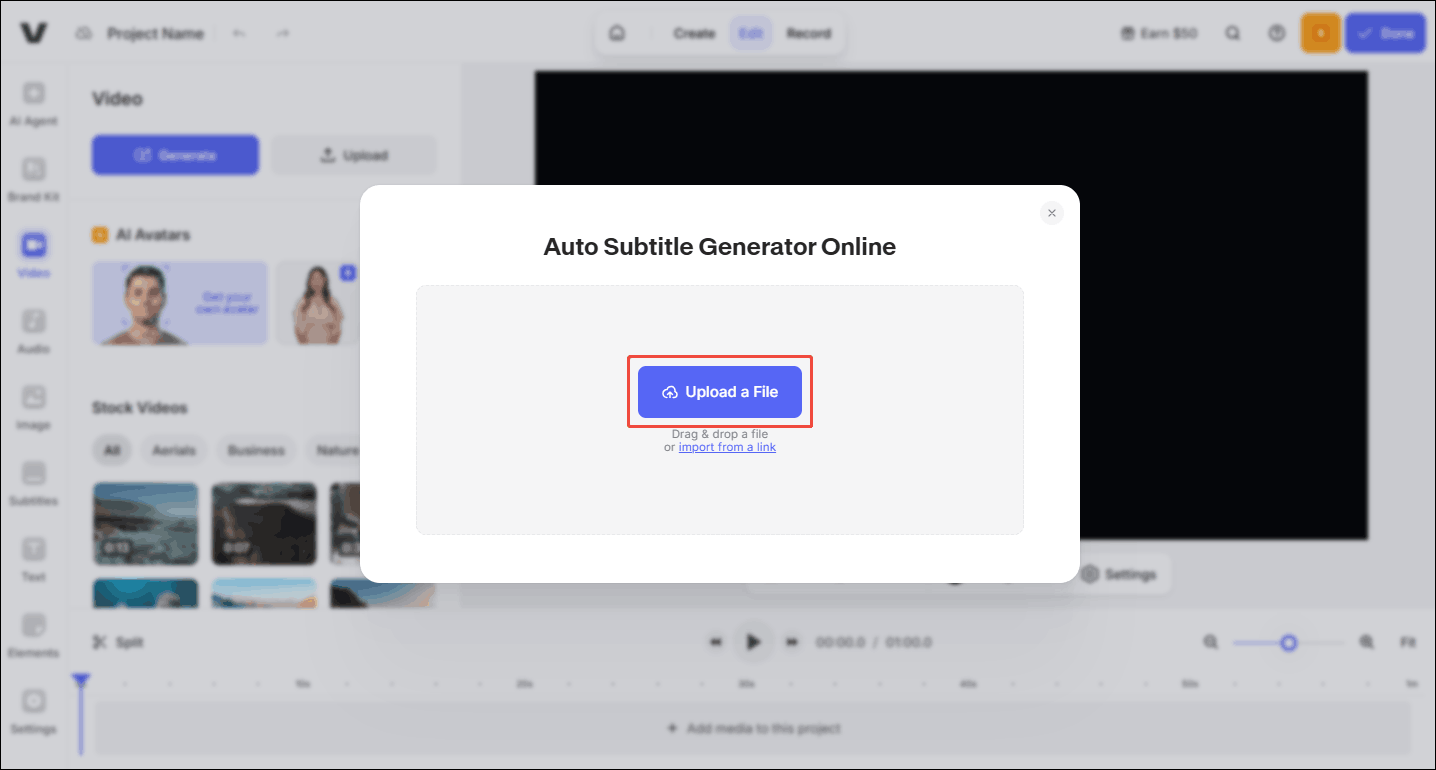 Click the Upload a File option to import the target audio file in VEED.IO