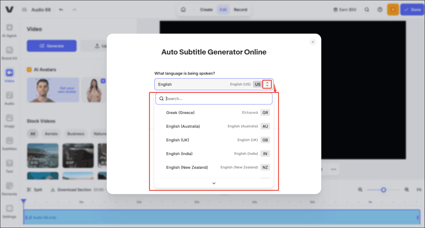 Expand the Language option to choose a language for the exported audio in VEED.IO