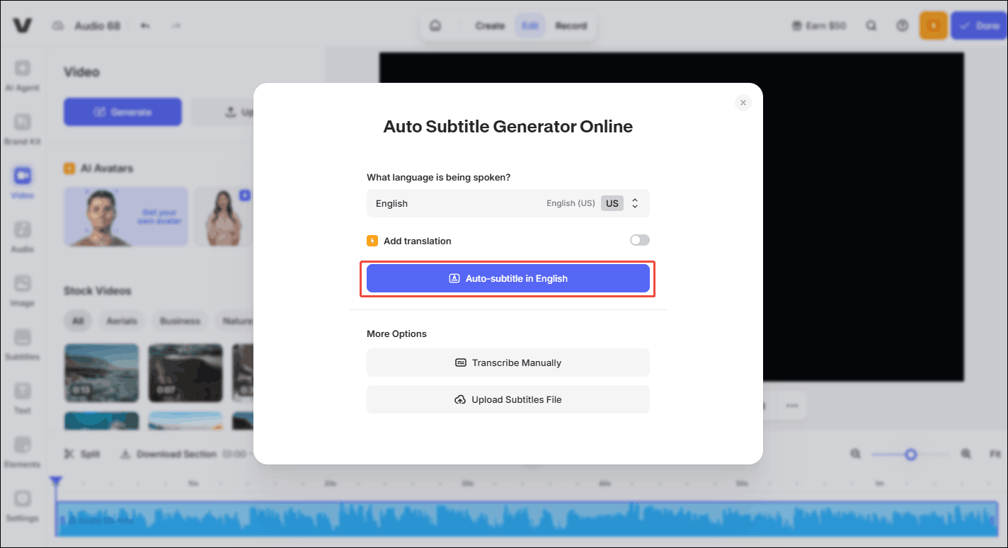 Click the Auto-subtitle in English option in VEED.IO to begin generating subtitles