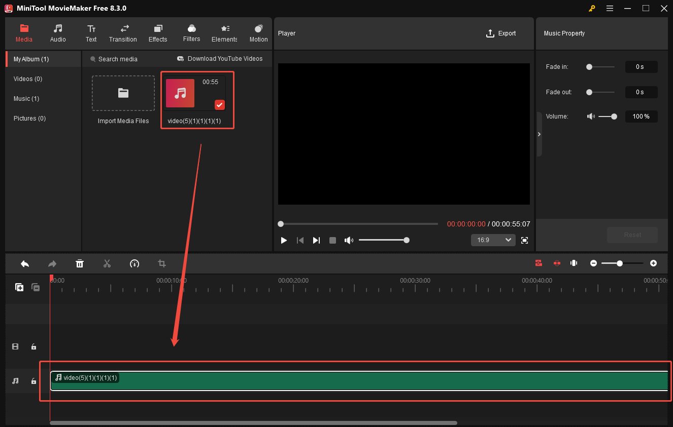 Add the FLAC file to the timeline of MiniTool MovieMaker