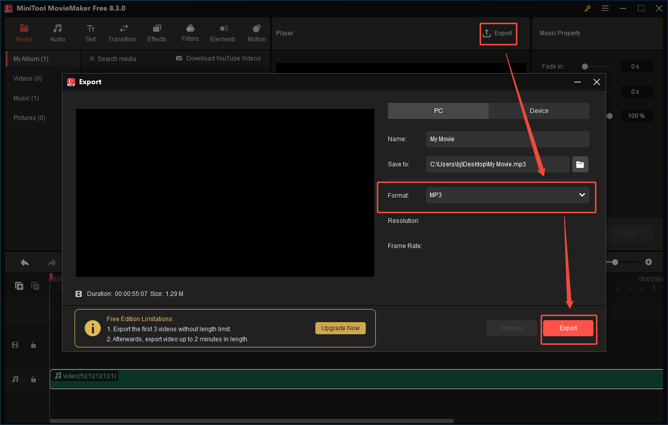 Configure the conversion settings and click on the Export button in the Export window of MiniTool MovieMaker to save the converted file