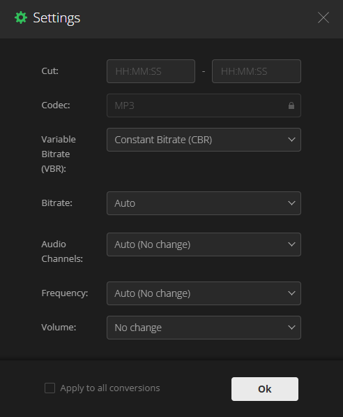 The Settings window of Convertio