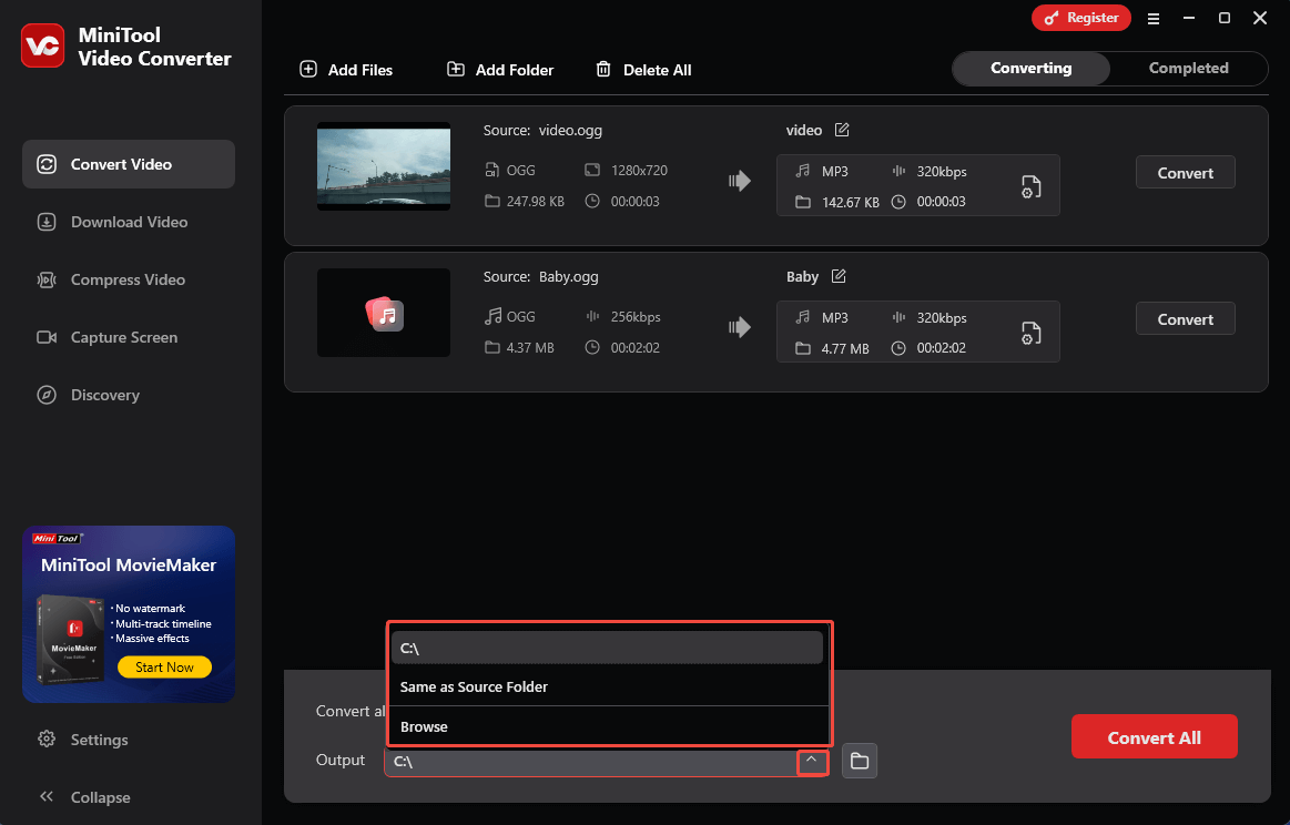 Expand the Output option in MiniTool Video Converter to choose a saving path for the converted files