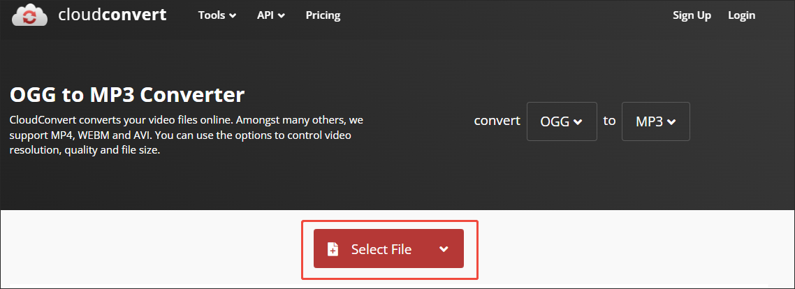Click on Select File in CloudConvert to import your OGG files